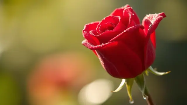 AI image of a red rose with dewdrops generated by Qwen Chat