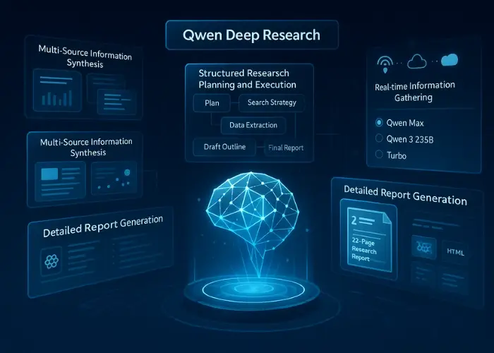 Bar chart comparing Qwen Deep Research output length and citations versus ChatGPT, Gemini and Perplexity